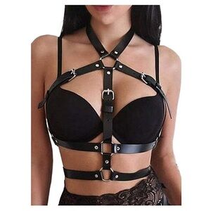 BLACK Leather Waist Shoulder Harness Bra Belt Waistband Slave Fetish Bondage NWT